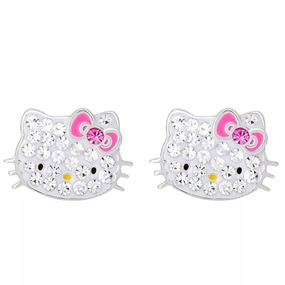 Hello Kitty Fine Silver Plated Logo Studded Crystal Earrings - Picture 2 of 9